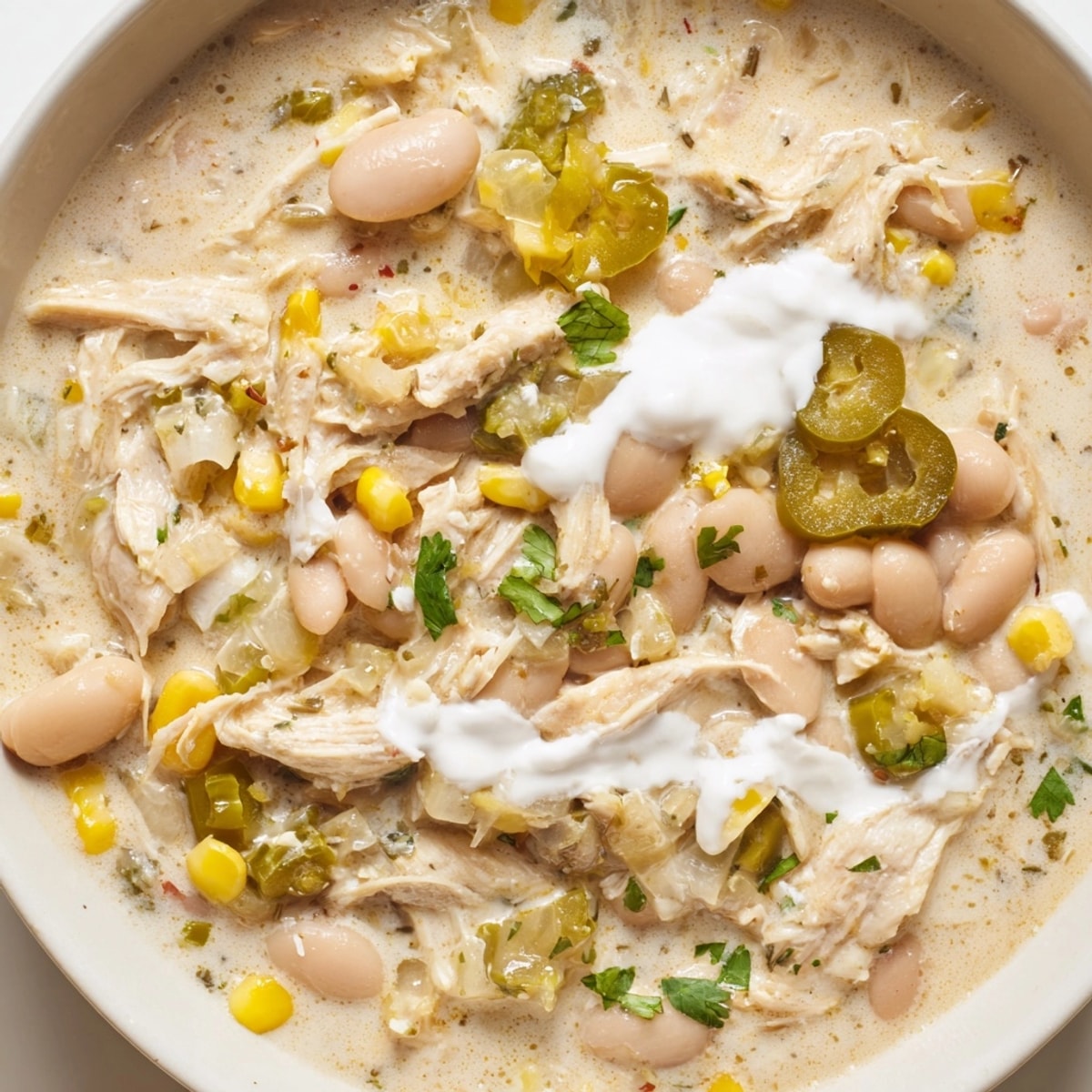 Close-up of a bowl of One-Pot Pickle-Fix White Chicken Chili, garnished with fresh cilantro.