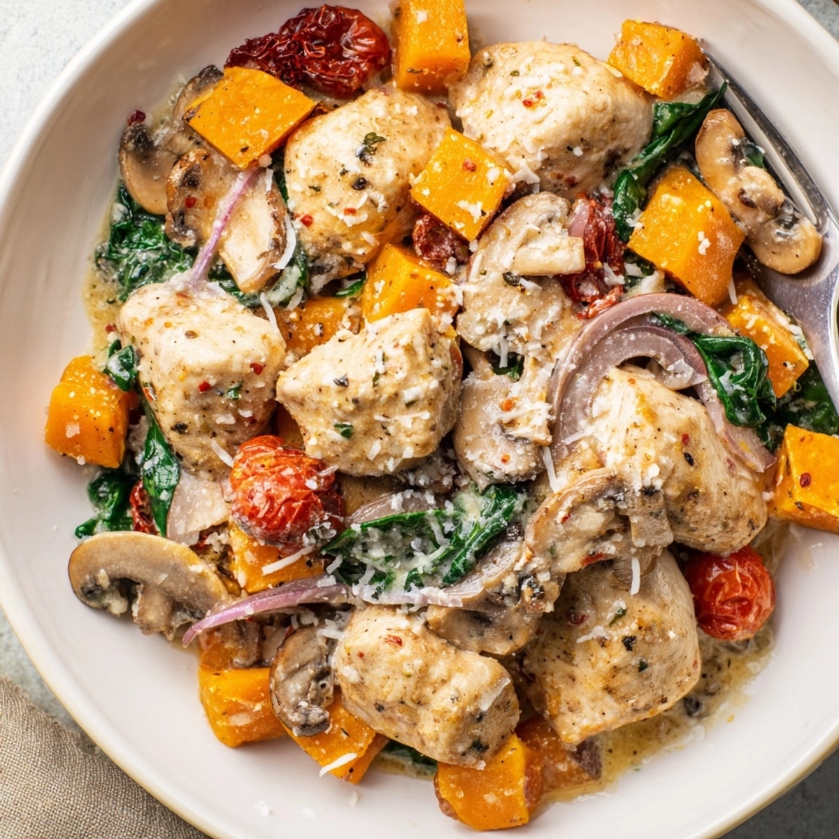 Golden seared chicken in a creamy Tuscan sauce with vibrant fall vegetables.
