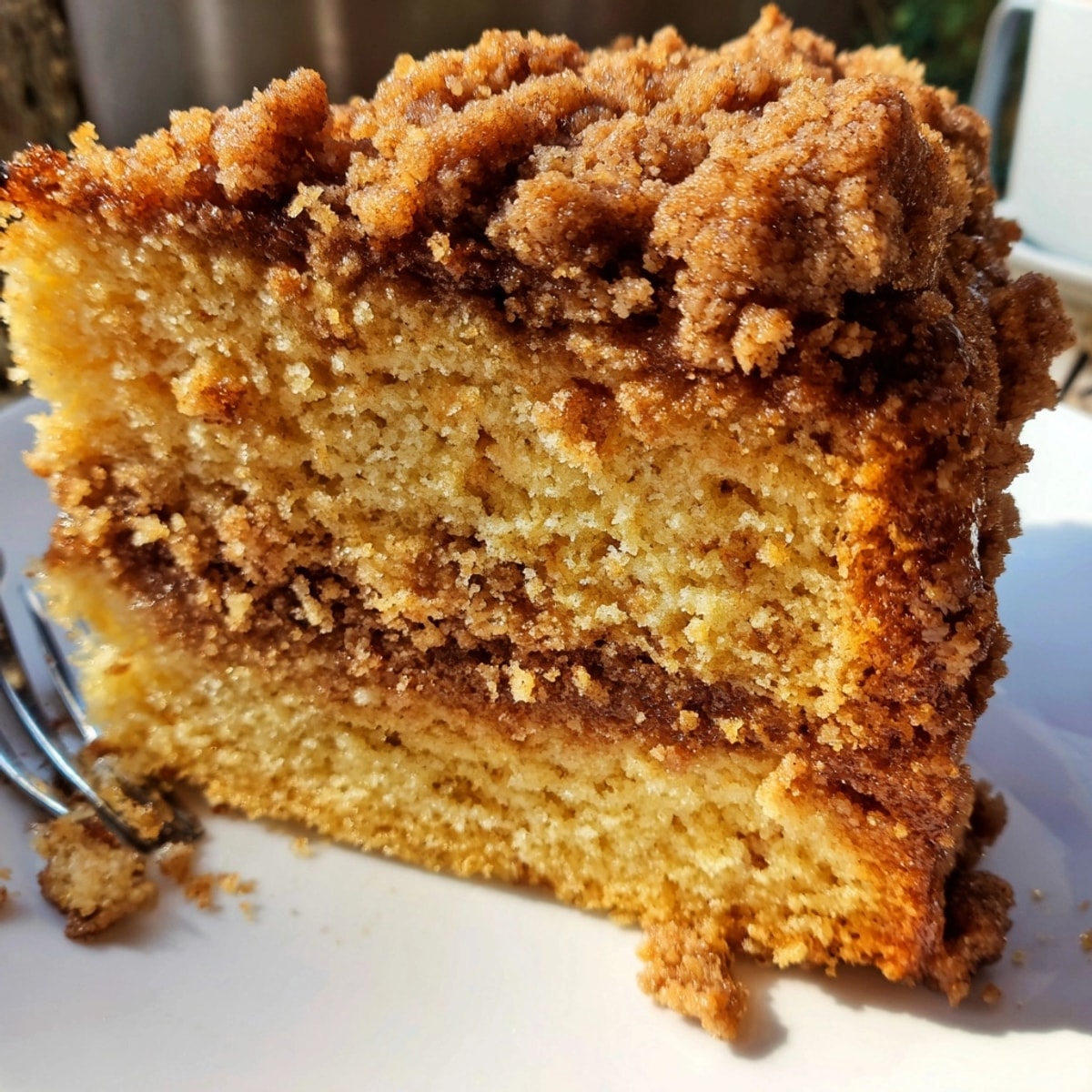 Cinnamon streusel coffee cake, golden brown and crumbly, ready for a leisurely breakfast.