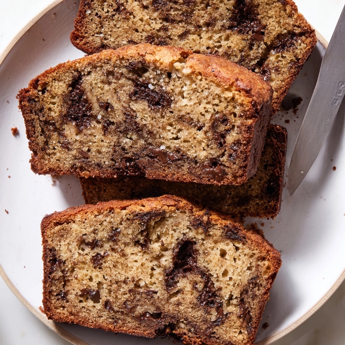 Moist Chocolate Chunk Banana Bread with melted chocolate glistening on top after baking.