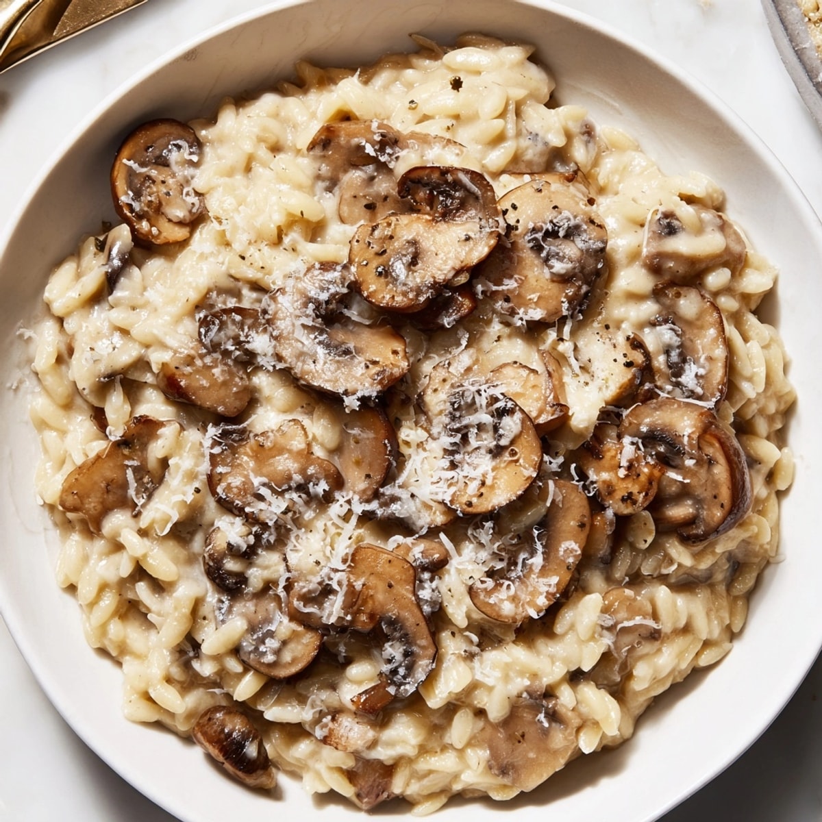 Creamy Mushroom Orzo: A steaming bowl of pasta promising savory, comforting goodness.