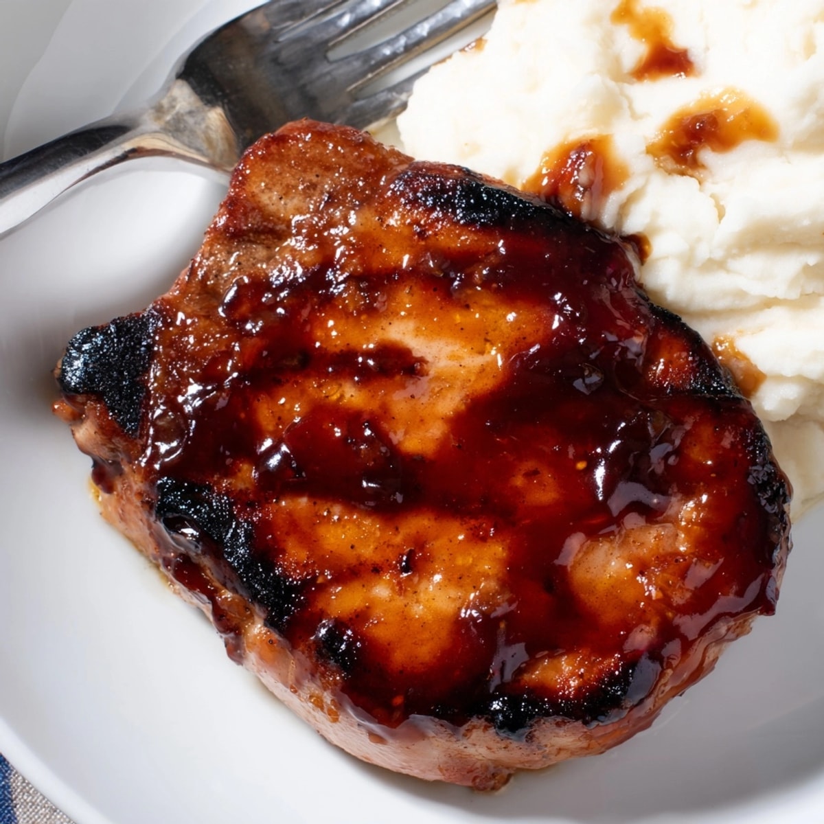 Honey glazed pork chops, golden brown and glistening, ready to savor with creamy mashed potatoes.