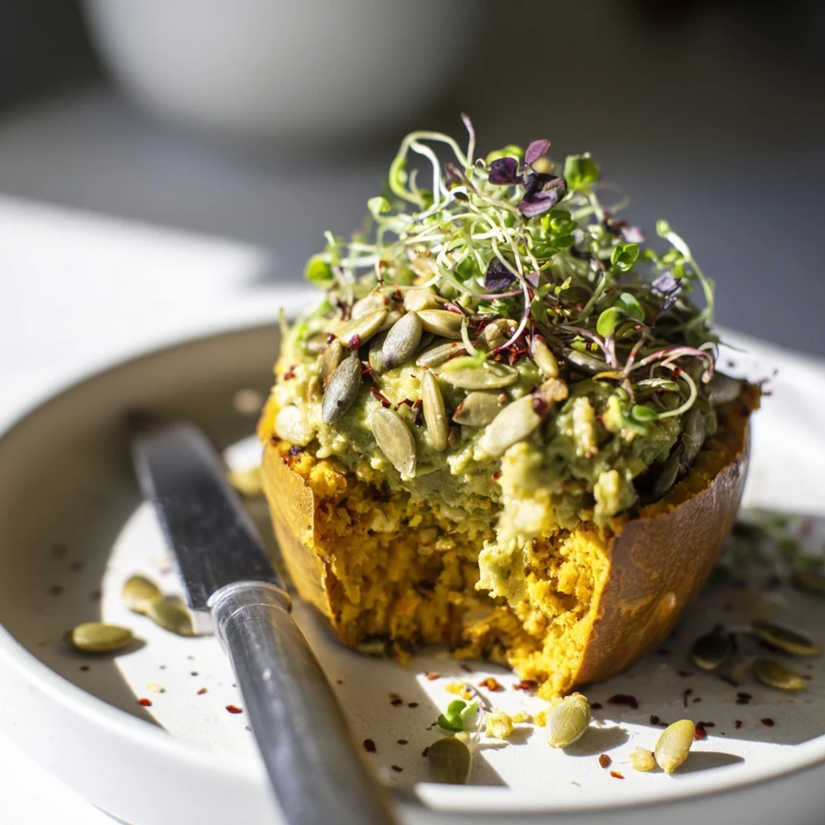 Savory Edamame Pumpkin Muffin Toasts topped with creamy spread and fresh chives.