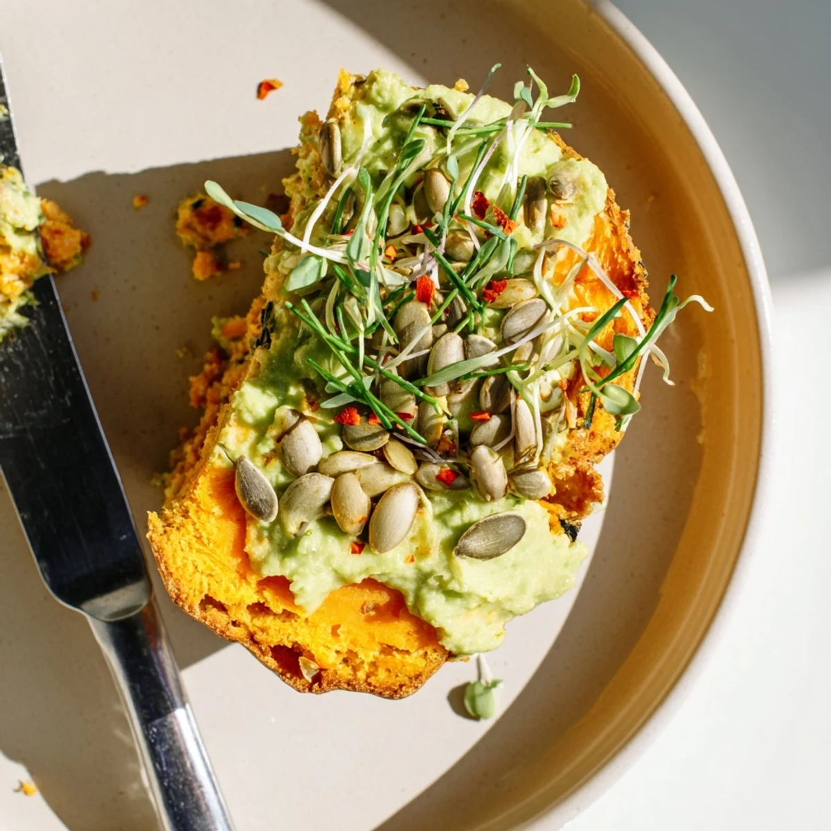 Fluffy pumpkin muffins transform into delicious Edamame Pumpkin Muffin Toasts for breakfast.