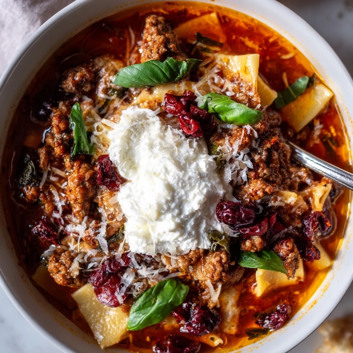 Comforting lasagne soup featuring savory sausage and sweet-tart roasted cranberries on top.