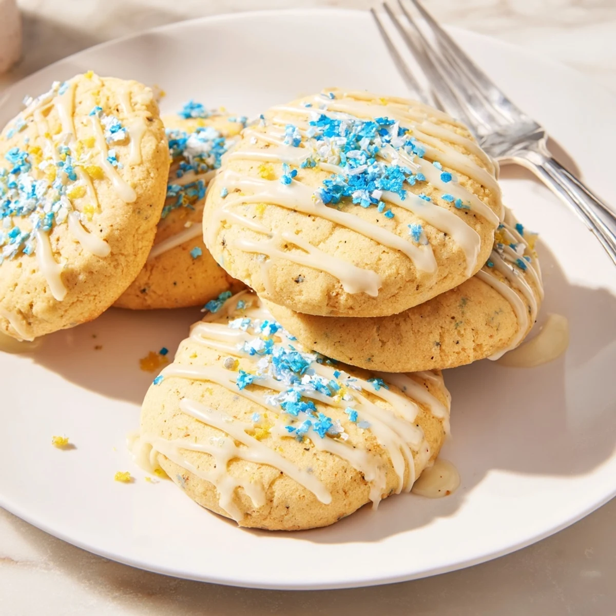 Zesty Hanukkah Lemon Christmas Cookies topped with sweet glaze and colorful sprinkles.