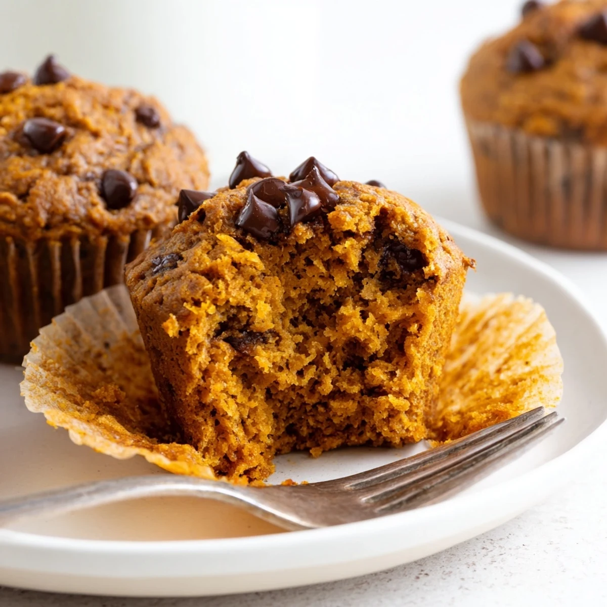 Moist vegan pumpkin chocolate chip muffins topped with warm, melted chocolate morsels.  