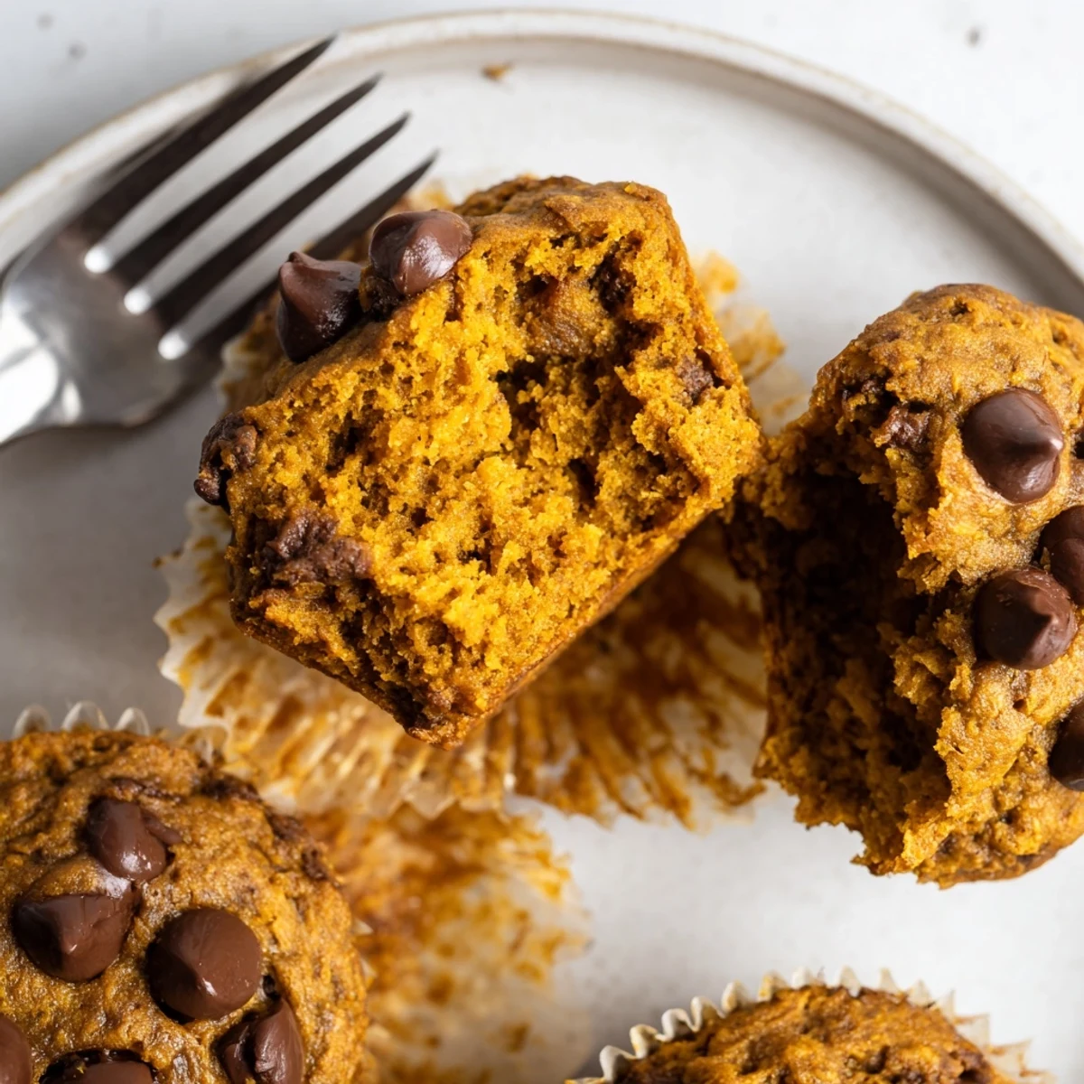 Savory spiced vegan pumpkin muffins with rich chocolate chips for a delightful treat.