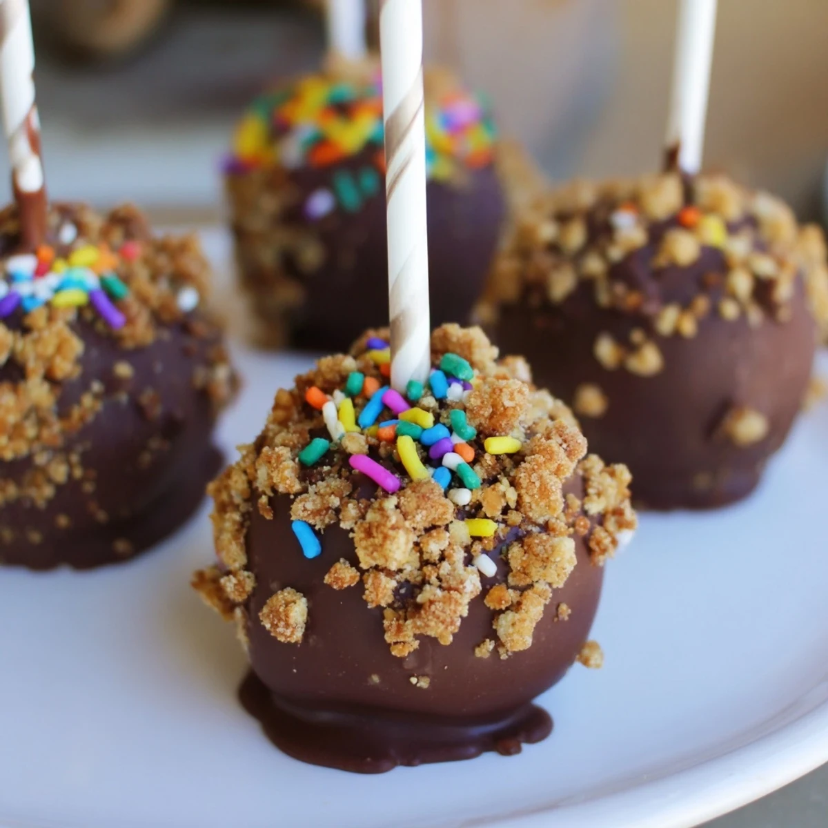 Decadent Smores Cinnamon Birthday Cake Pops drizzled in chocolate and graham cracker crumbs.