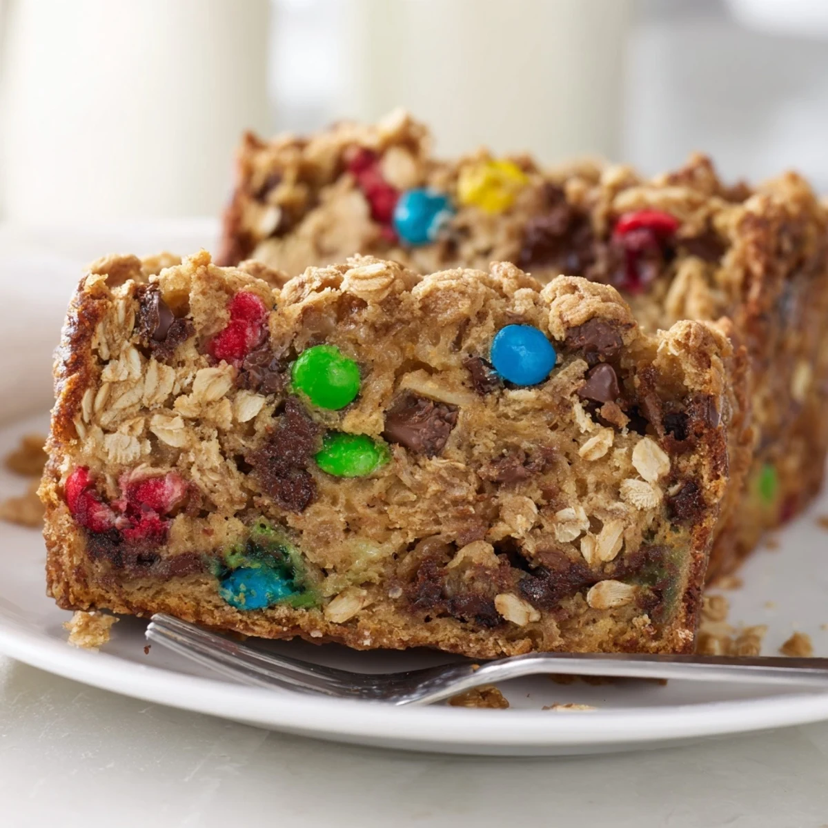 Golden-brown slices of Cinnamon Sugar Monster Cookie Loaf drizzled with warm vanilla icing.
