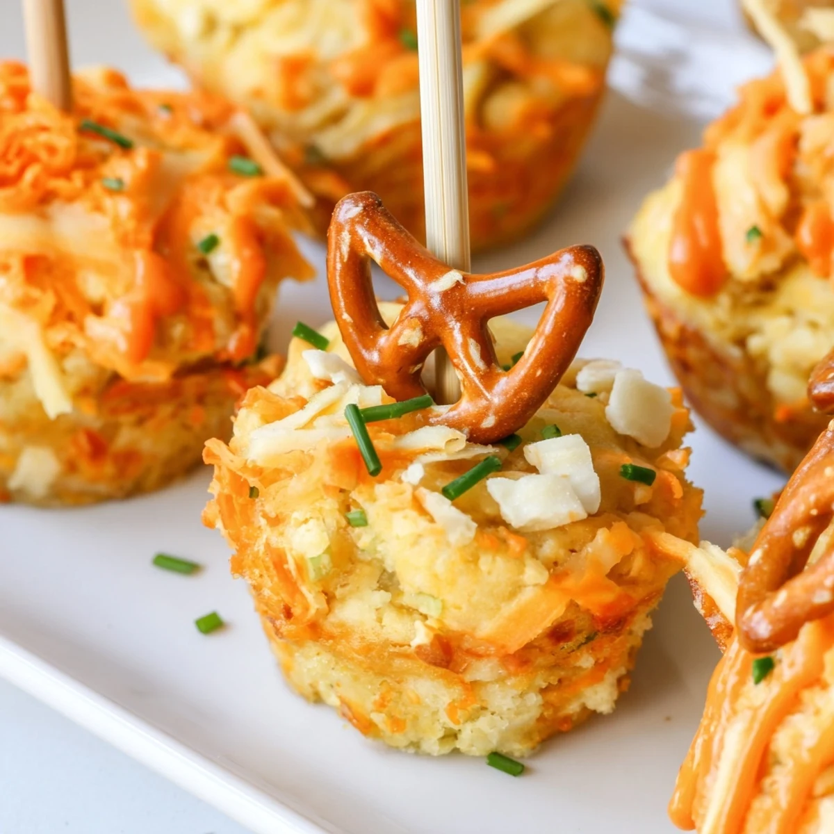 Deliciously tangy Buffalo Ranch Pretzel Drop Muffin Pops, appealing as a fun appetizer.