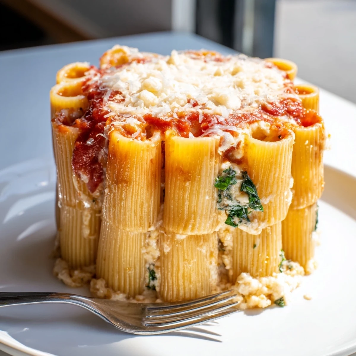 A delicious Honeycomb Pasta Cake topped with bubbling cheese and fresh parsley.  