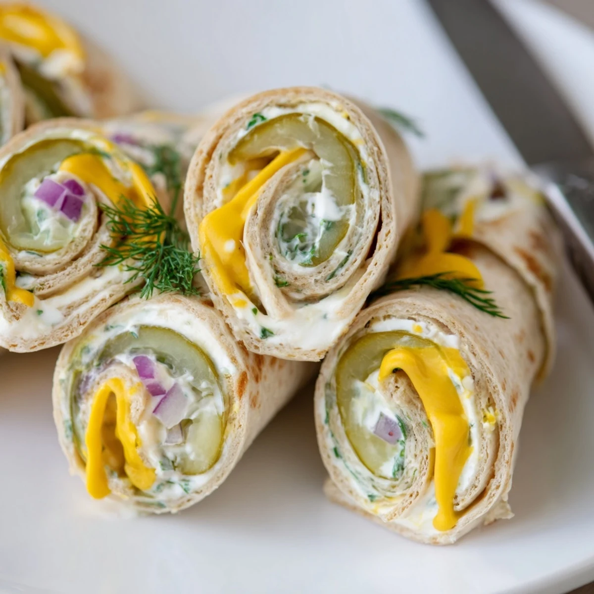 Savory Pickle-in-a-Blanket appetizer, combining fresh dill pickles with soft, cheesy tortillas.