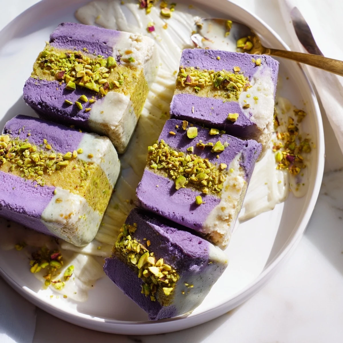 Creamy ube and pistachio ice cream bars, vibrant colors for summer picnics.  