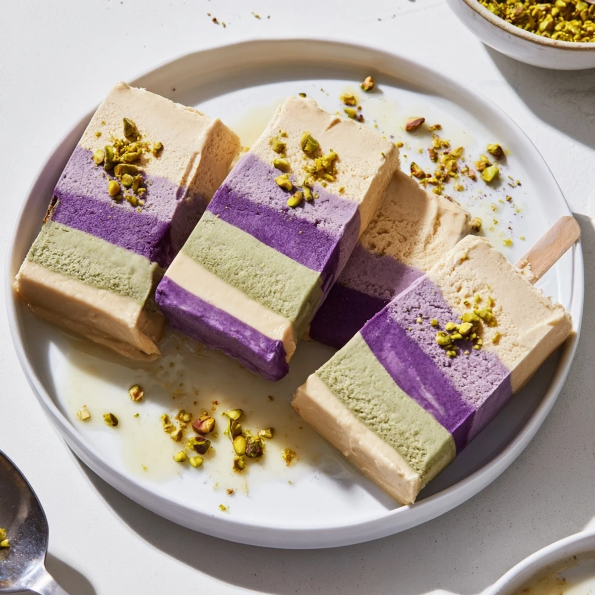 Refreshing ube & pistachio ice cream bars, drizzled with condensed milk and nuts.
