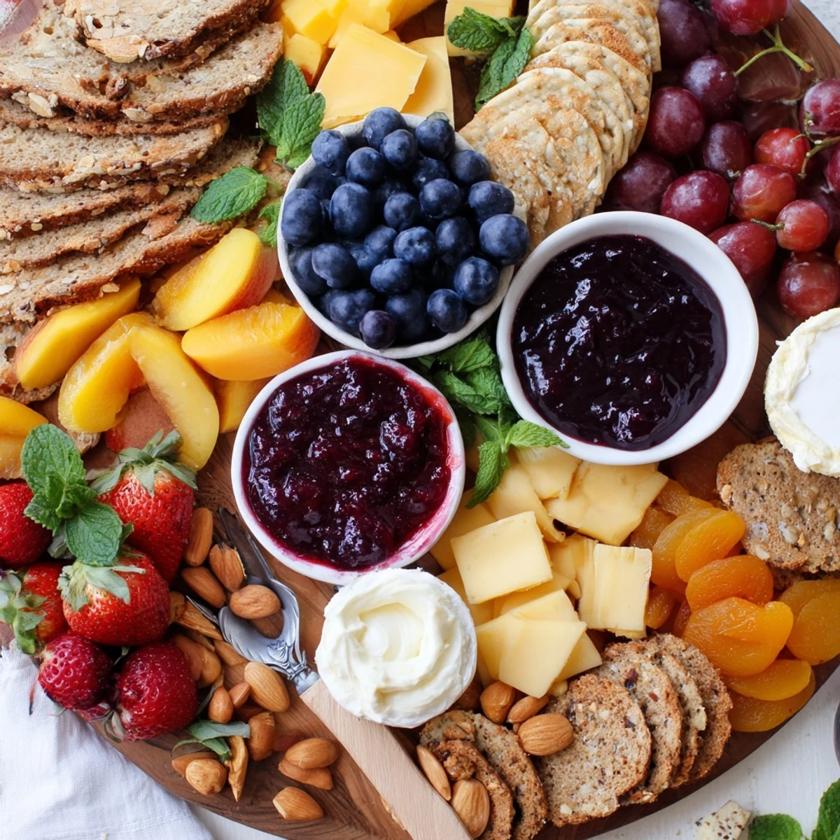 A beautifully arranged jam-infused brunch board with vibrant colors and textures.  