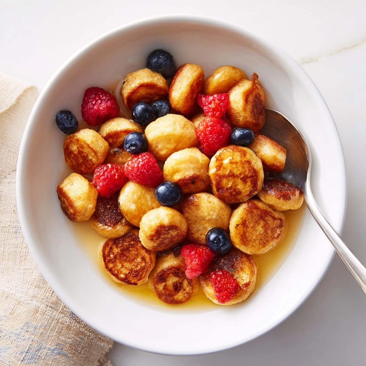 Delicious mini pancake cereal arranged in a bowl, topped with fresh berries.  