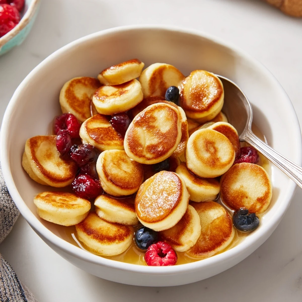 Fluffy mini pancake cereal with syrup drizzled, perfect for a morning treat.  