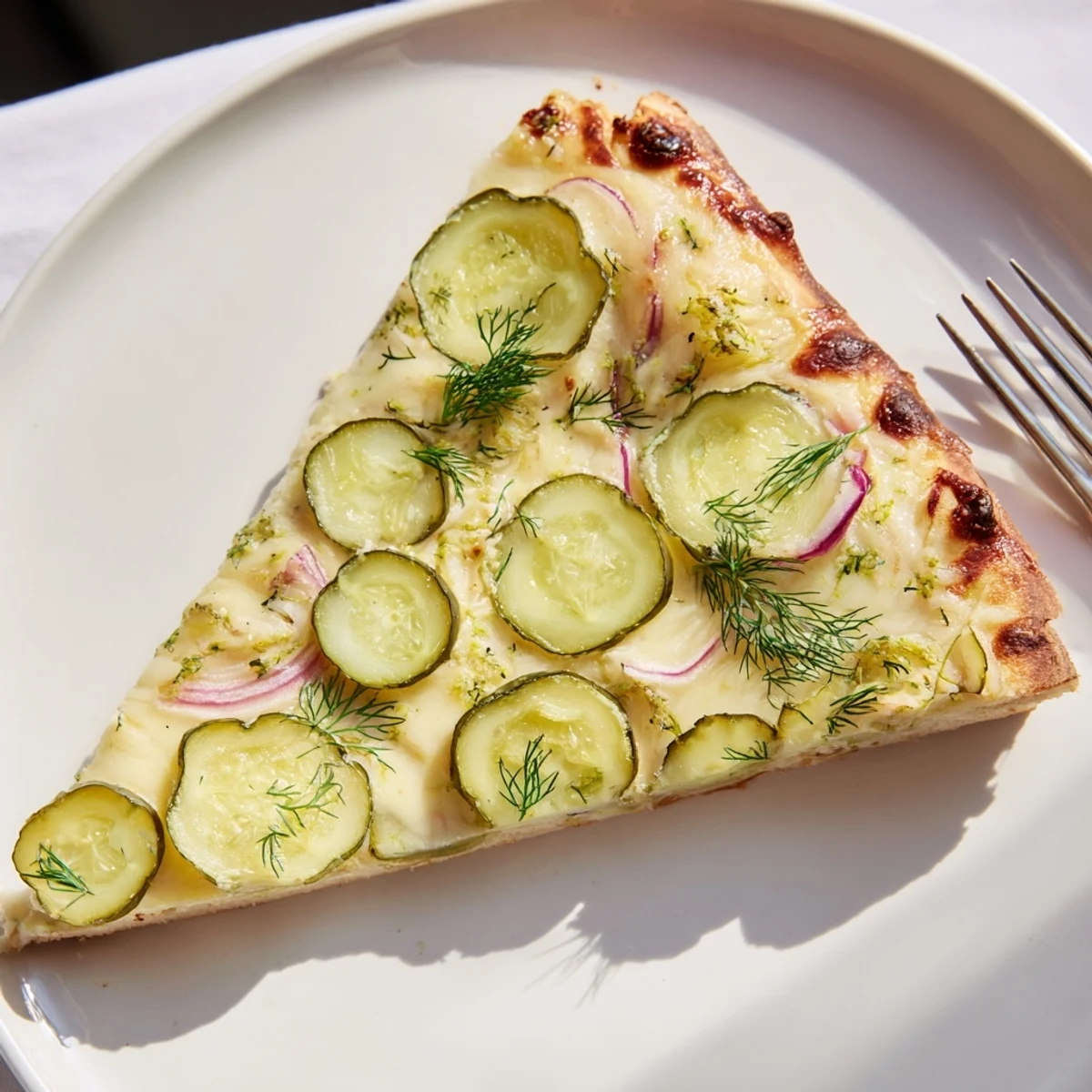 Crispy pickle pizza topped with creamy sauce and fresh dill garnish  