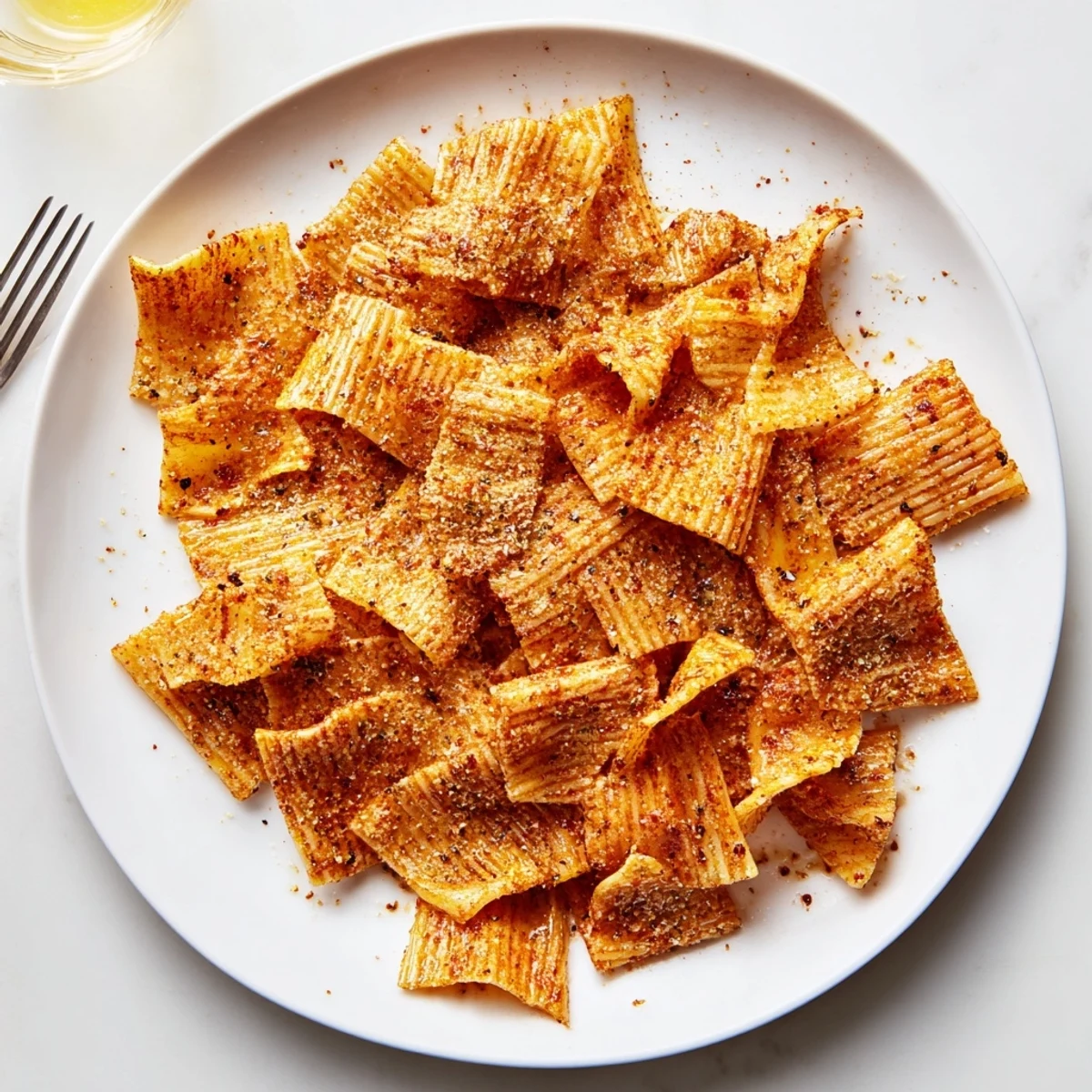 Golden-brown baked pasta chips tossed with spices, ideal for crunchy snacking delight.  