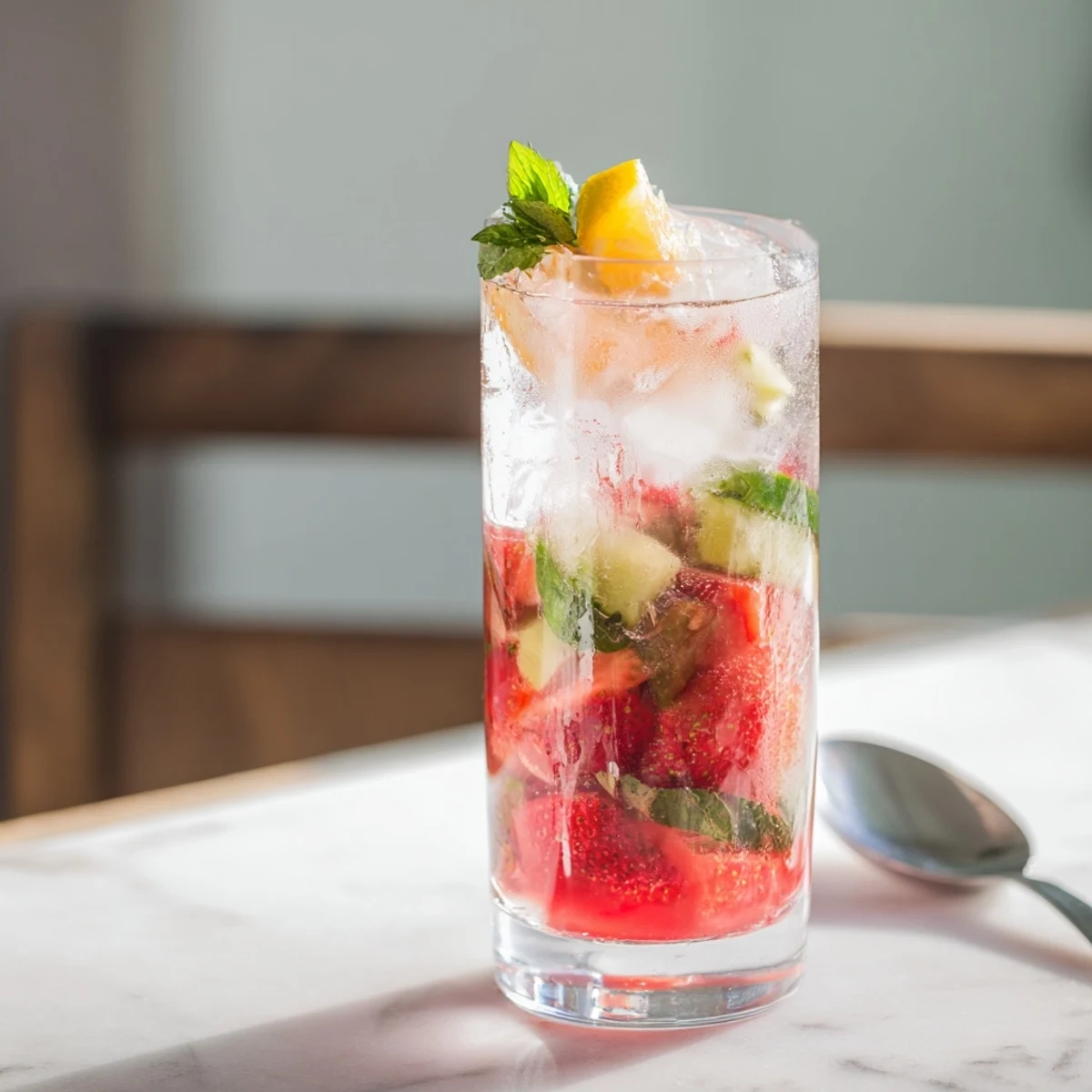 Refreshing water-based mocktails with fresh fruit and herbs in colorful glasses.  