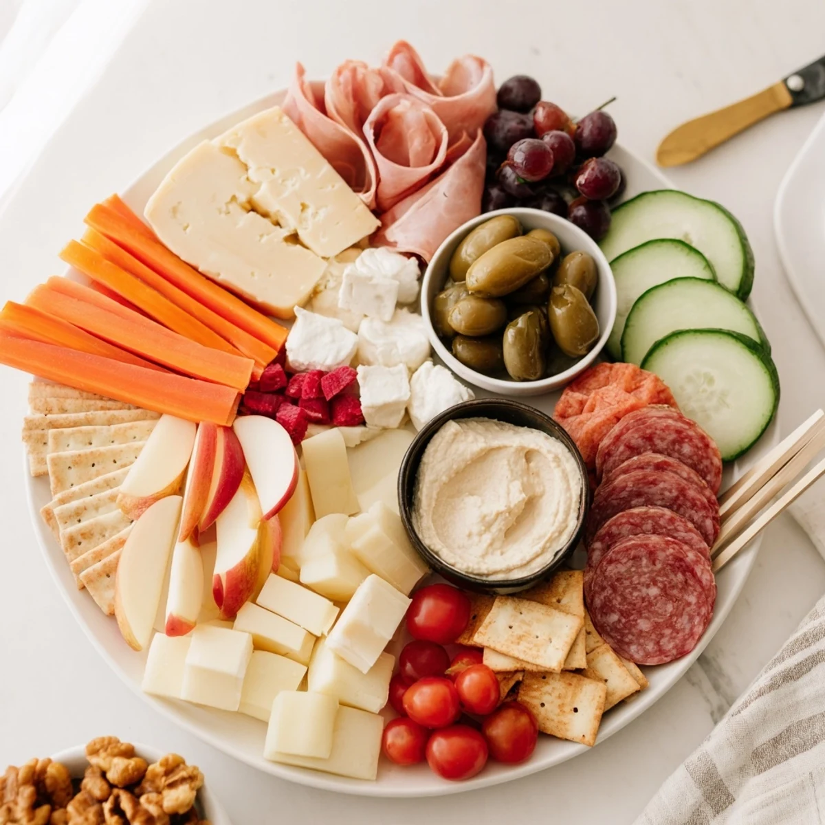 A vibrant Girl Dinner Platter brimming with cheeses, fruits, and colorful dips.  