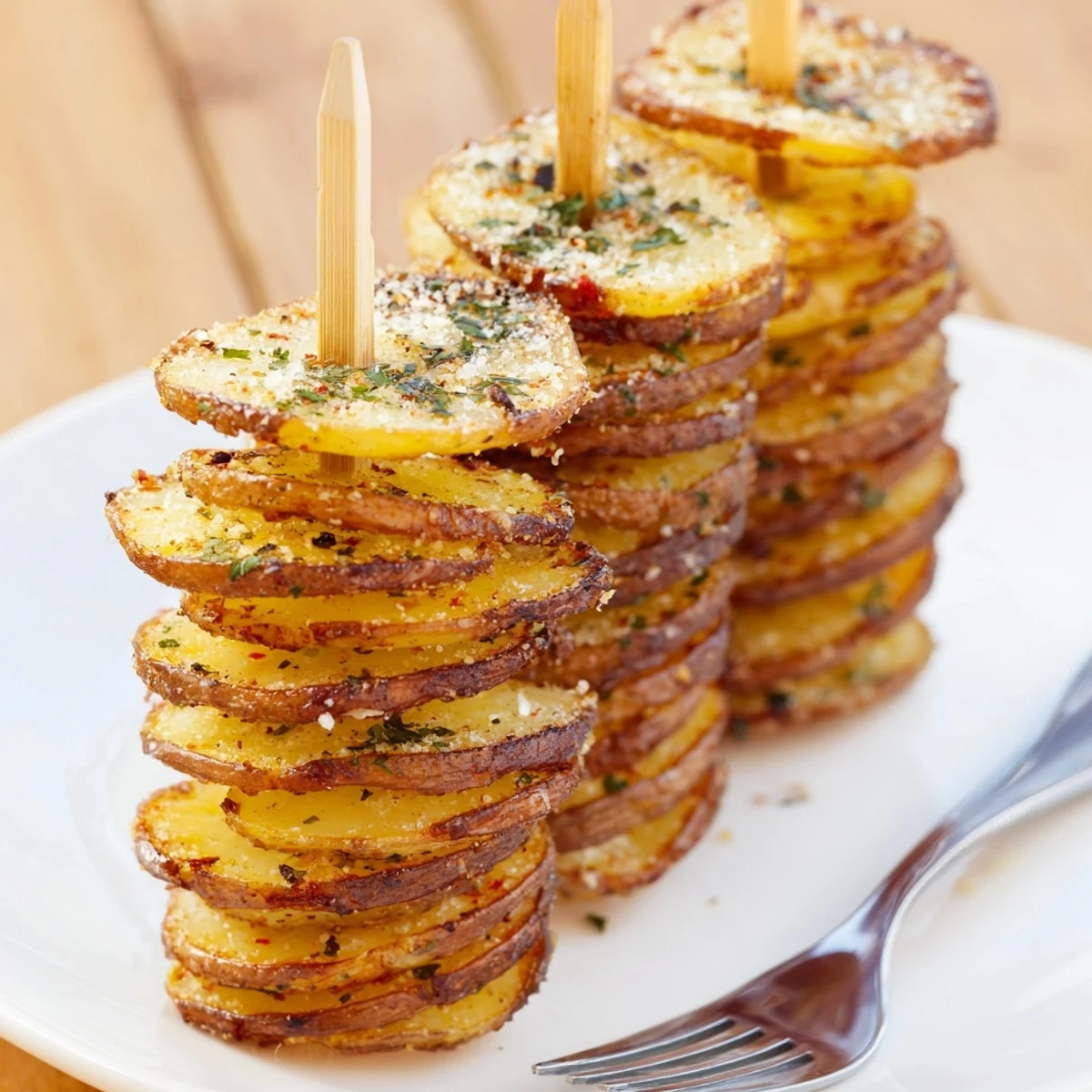 Crispy air-fryer tornado potatoes drizzled with olive oil, garlic, and spices.  