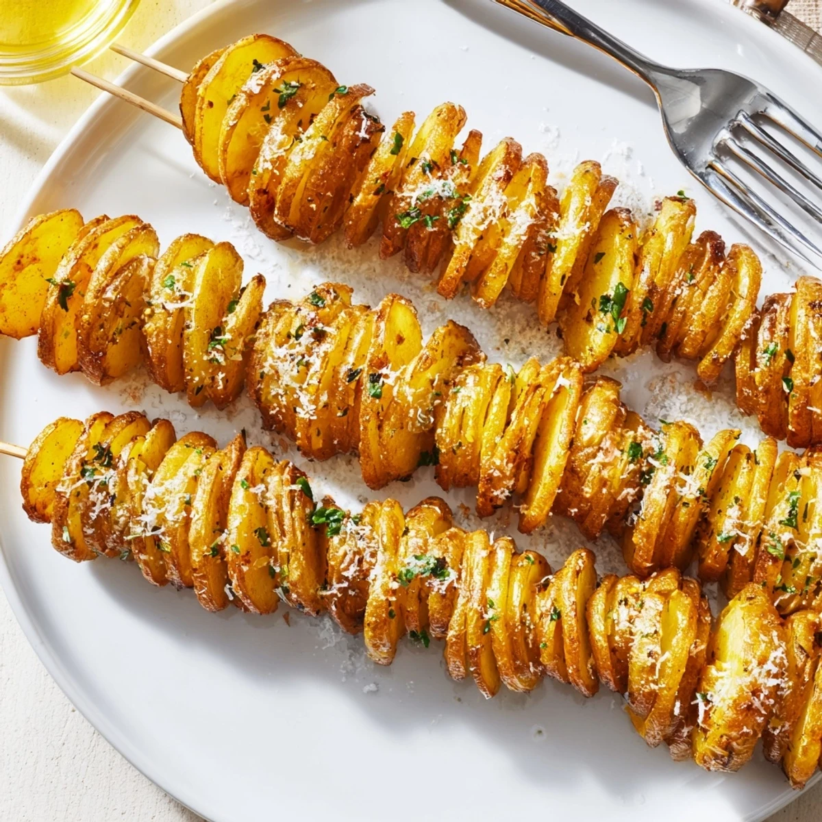 Golden spiral potatoes on skewers, perfectly seasoned for a delicious snack.  