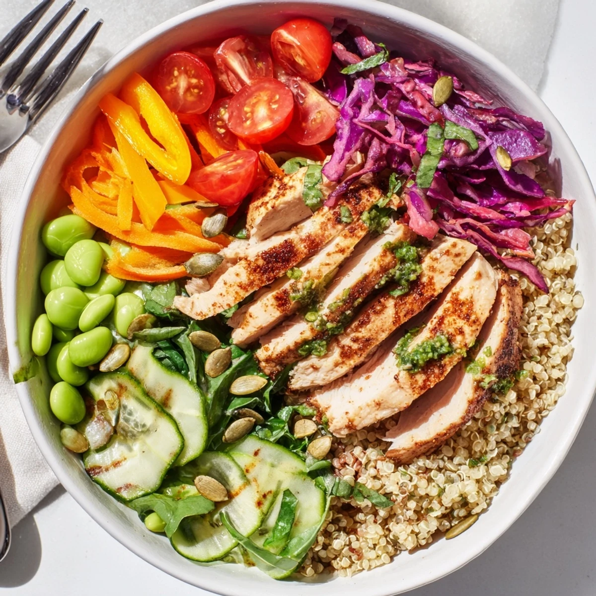 Colorful Healthy Meal-Prep Bowls filled with quinoa, vegetables, and grilled chicken slices.  