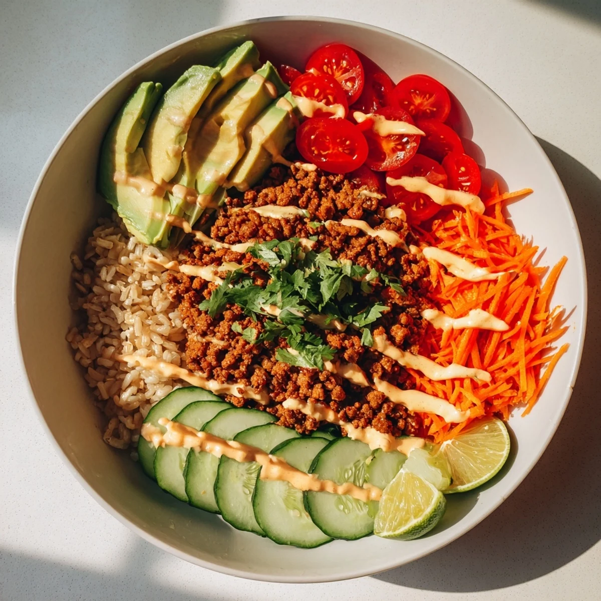 Colorful plant-based meat bowl featuring avocado, rice, and a spicy mayo drizzle.