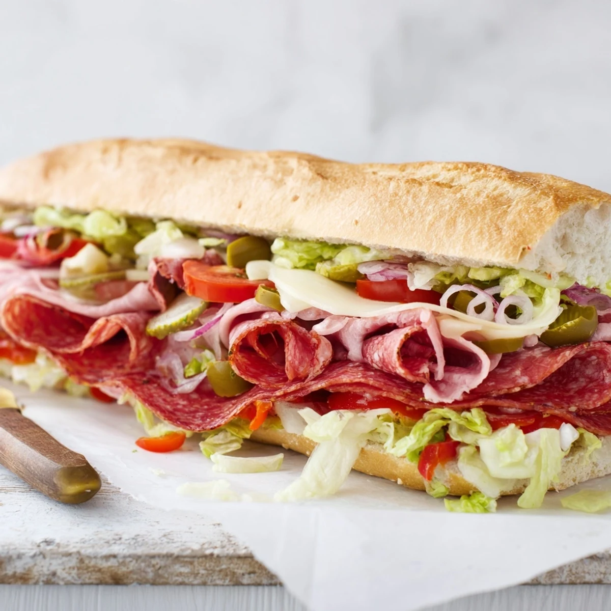 Vibrant Flavor Mash-Up Sandwiches loaded with meats, cheeses, and fresh vegetables.
