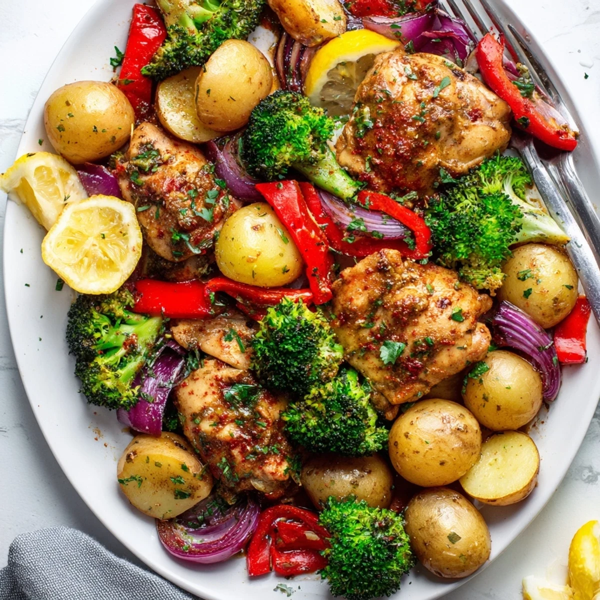 Savory Lazy Gourmet Chicken & Vegetable One-Pot garnished with fresh parsley and lemon.  