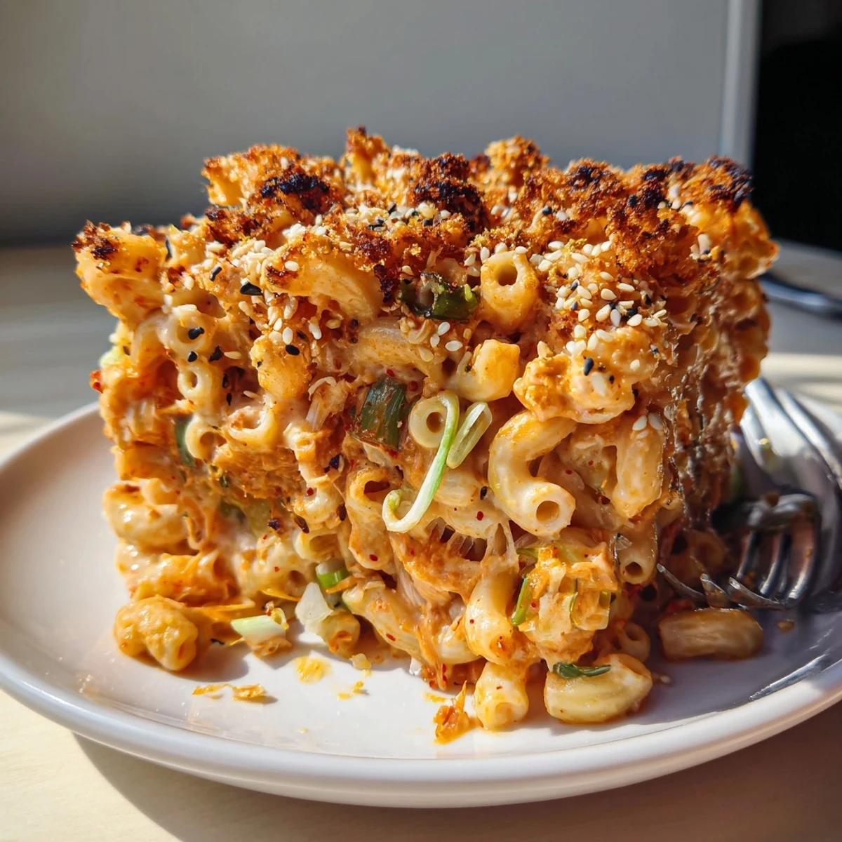 Baked Spicy Kimchi Mac & Cheese combines rich cheeses with flavorful, tangy kimchi.  
