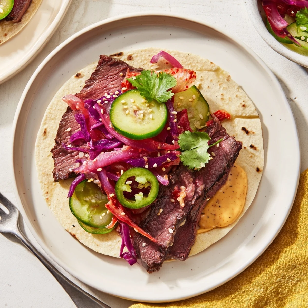 Savory Global Street-Food Fusion Tacos topped with vibrant ube crema and fresh veggies.  