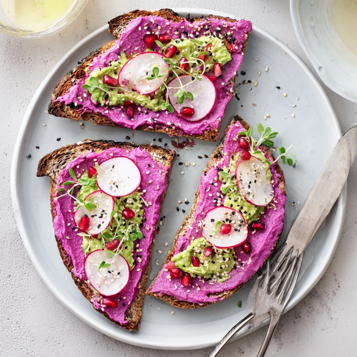 Vibrant breakfast toasts topped with ube spread, avocado, and fresh garnishes.  