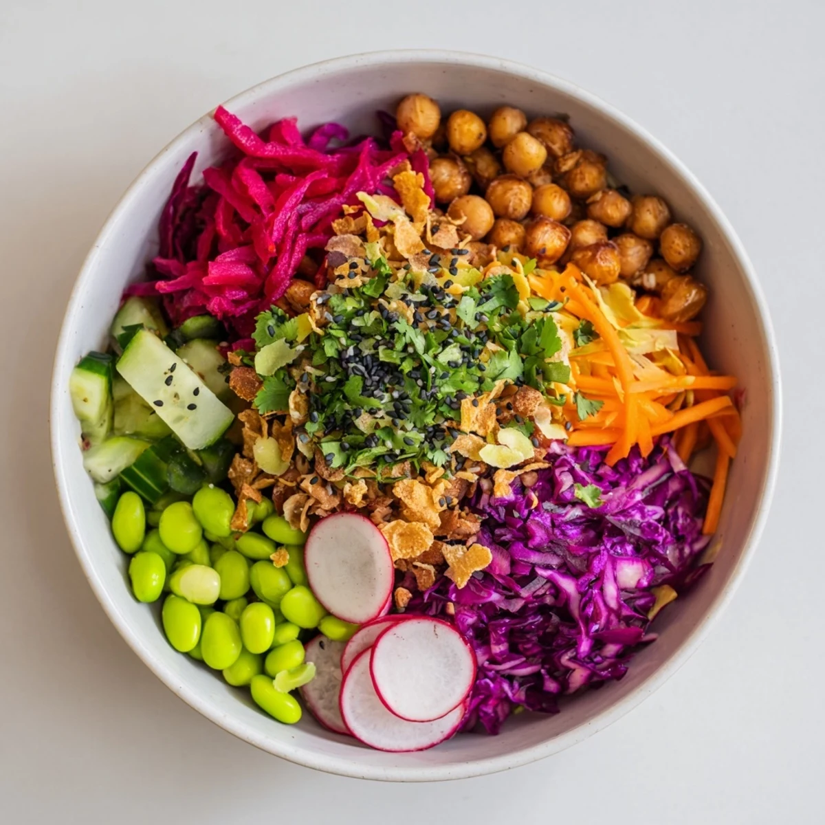 Colorful ASMR Crunch Snack Bowls filled with vibrant veggies and crispy toppings.  