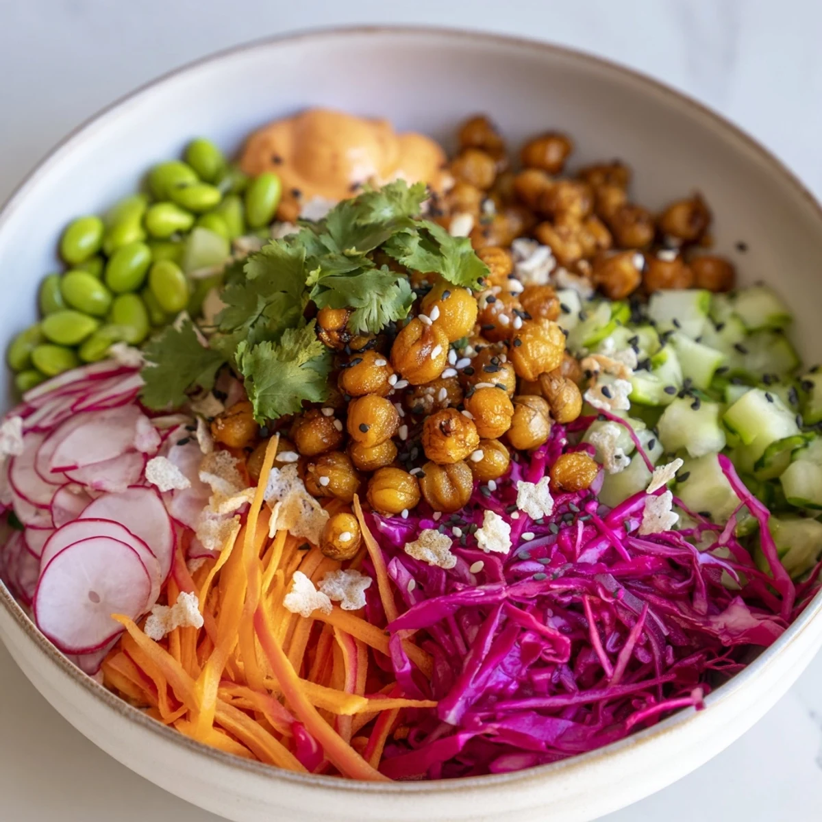 A delightful ASMR Crunch Snack Bowl showcasing layers of fresh, crunchy ingredients.  