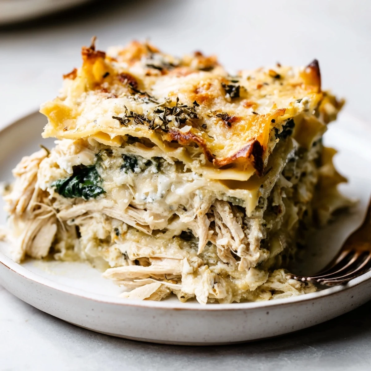 Golden rosemary chicken lasagna bubbling with mozzarella, served in a rustic dish.  