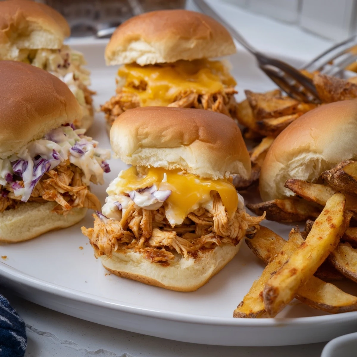Juicy BBQ Chicken Sliders topped with coleslaw, served with crispy fries on the side.  