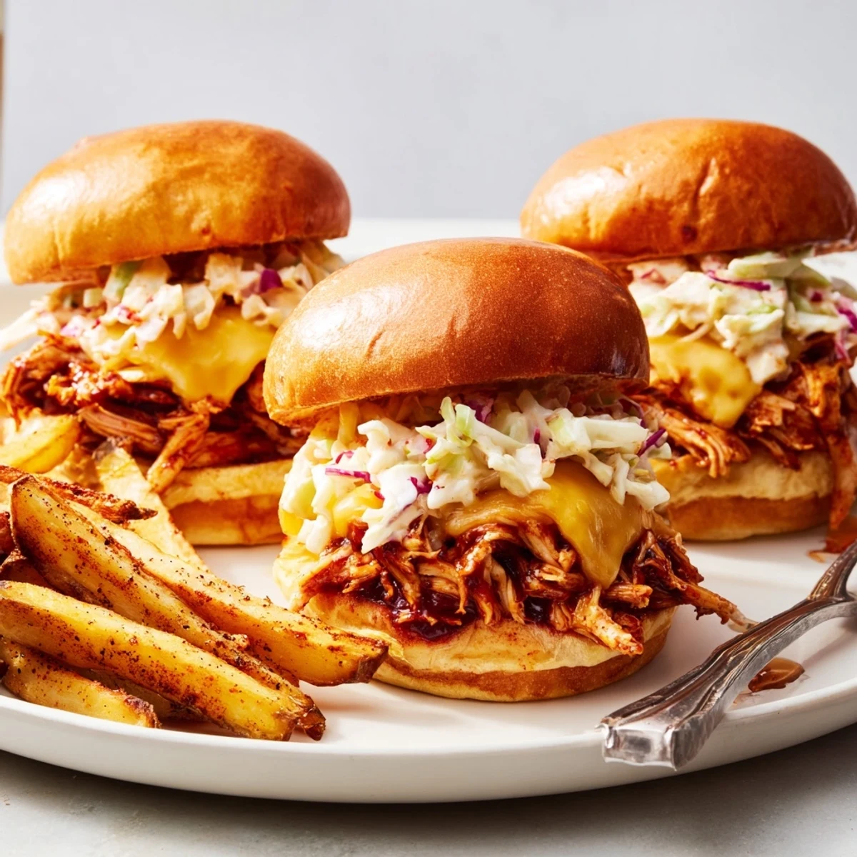 Delicious BBQ Chicken Sliders with melted cheese and fresh coleslaw, alongside crispy potatoes.