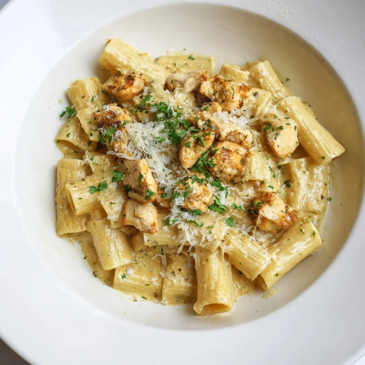 Golden chicken pieces mingle with creamy garlic Parmesan sauce in this delicious rigatoni dish.