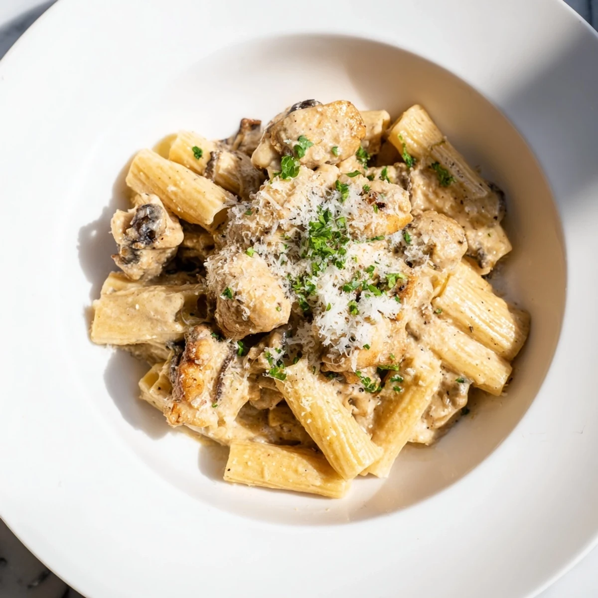 A close-up view of creamy Garlic Parmesan Chicken Rigatoni, a comforting Italian-American pasta creation.