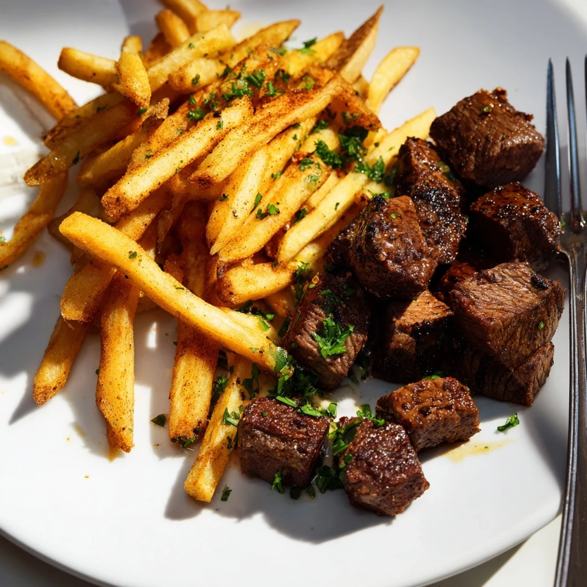 Golden, crispy fries alongside sizzling Blackened Cajun Steak Bites, a flavor explosion on your plate.