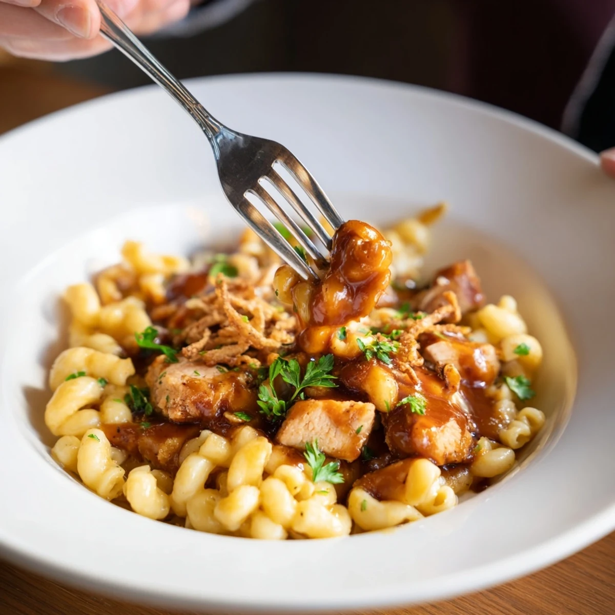 A close-up of a luscious bowl of One-Pot Honey BBQ Chicken Mac and Cheese, ready to eat.