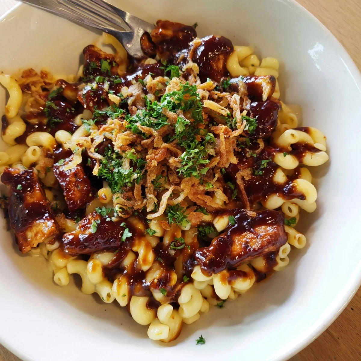Golden-brown, cheesy One-Pot Honey BBQ Chicken Mac and Cheese topped with fresh parsley for serving.