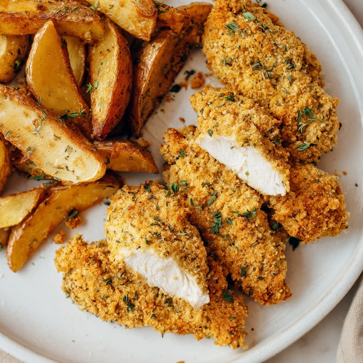 Close-up of freshly cooked herbed chicken tenders with potato wedges, ready for a delicious dinner.