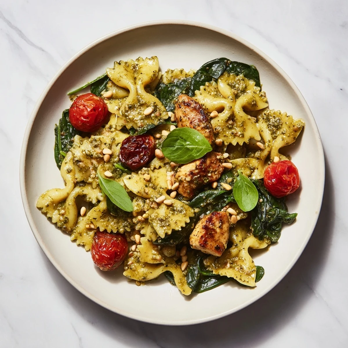 Golden chicken pieces mixed with pesto, bowtie pasta, and fresh basil; the Pesto Chicken Bowtie Pasta looks amazing.