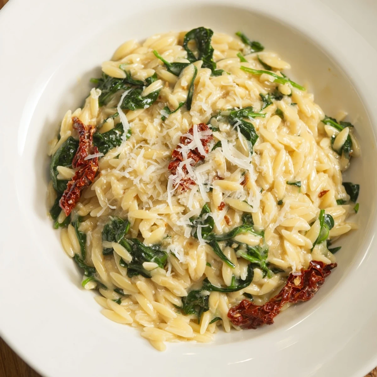 Creamy Tuscan Orzo Bowl with vibrant sun-dried tomatoes and spinach, a hearty vegetarian meal.