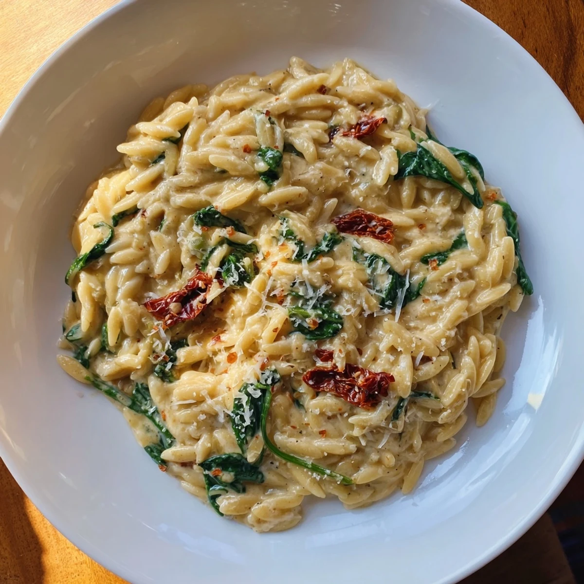 This delicious Creamy Tuscan Orzo Bowl features a creamy sauce and is perfect for a comforting dinner.
