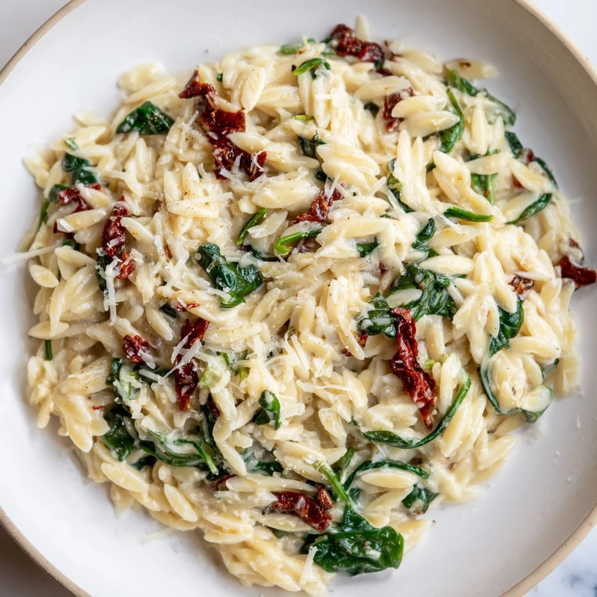 Enjoy a steaming bowl of Creamy Tuscan Orzo, a vegetarian delight with garlic and Parmesan.
